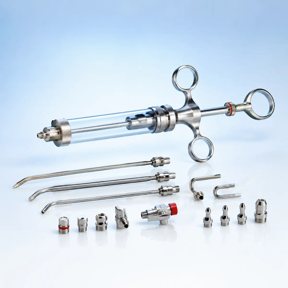 Dye Injectors surgical instrument on a clean clinical blue background