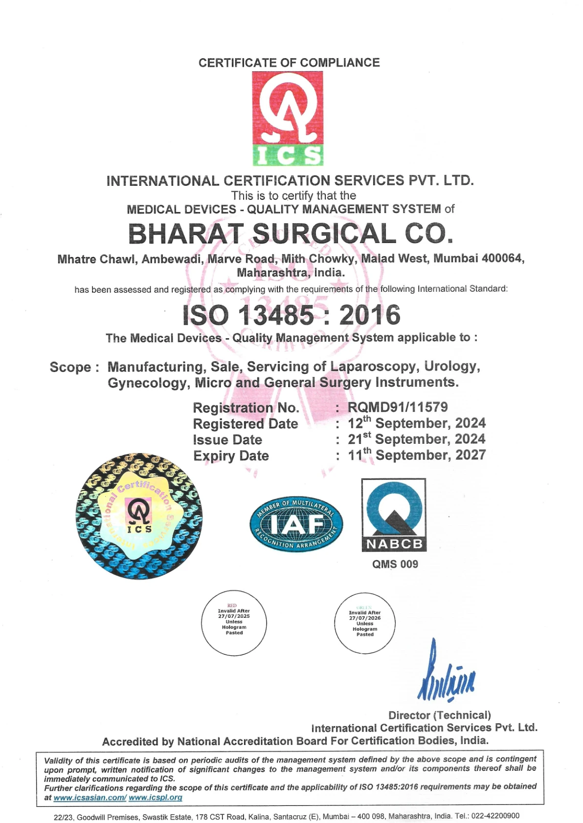 ISO 13485:2016 Medical Devices Quality Management System Certificate - Bharat Surgical Co.