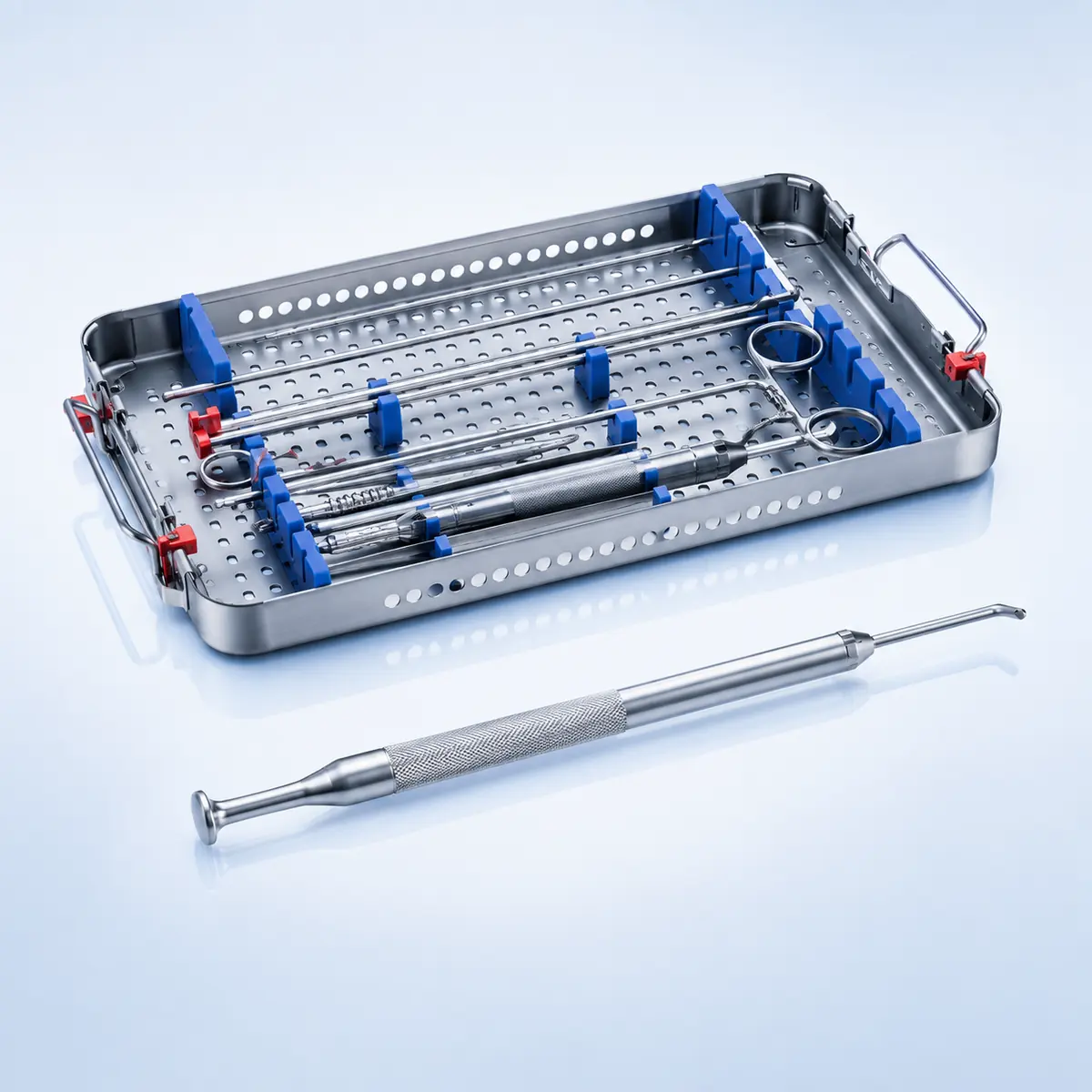 Knot Pusher surgical instrument on a clean clinical blue background