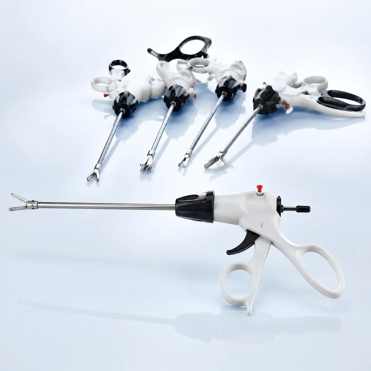 Laparoscopic Instrument Handles surgical instrument on a clean clinical blue background