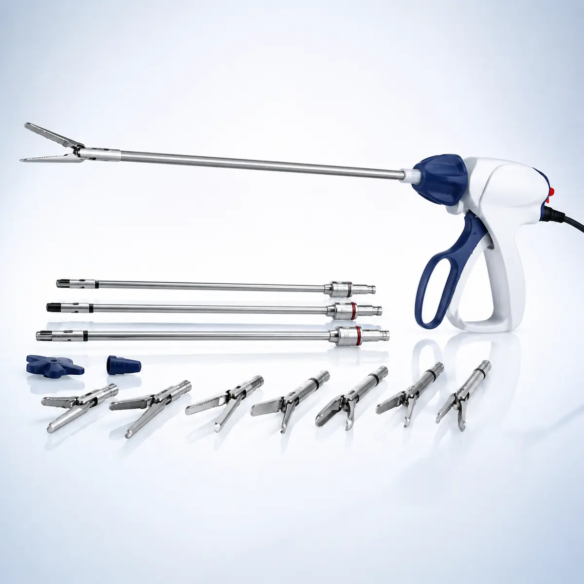 Laparoscopic Vessel Sealer with Cutter surgical instrument on a clean clinical blue background