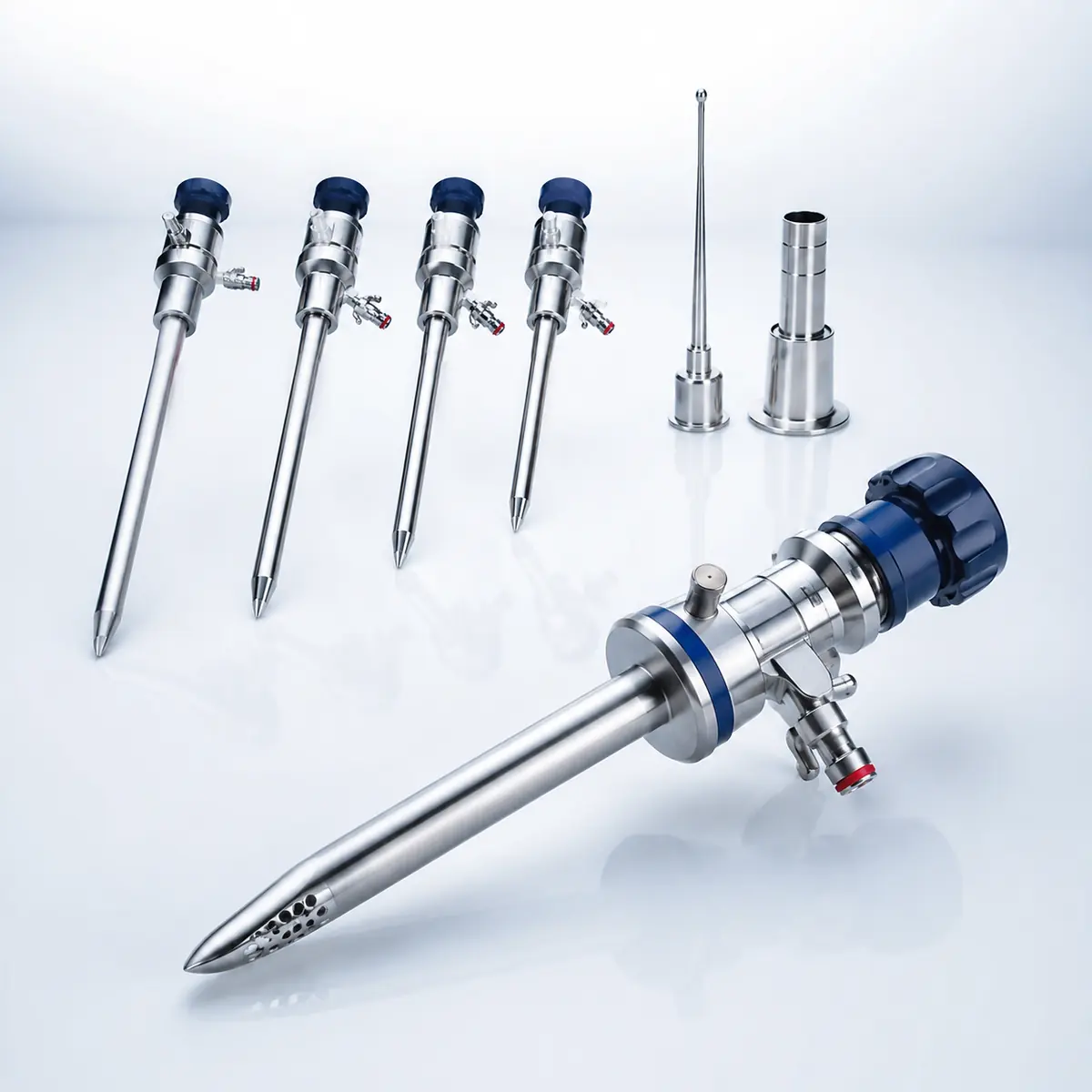Safety Trocar surgical instrument on a clean clinical blue background