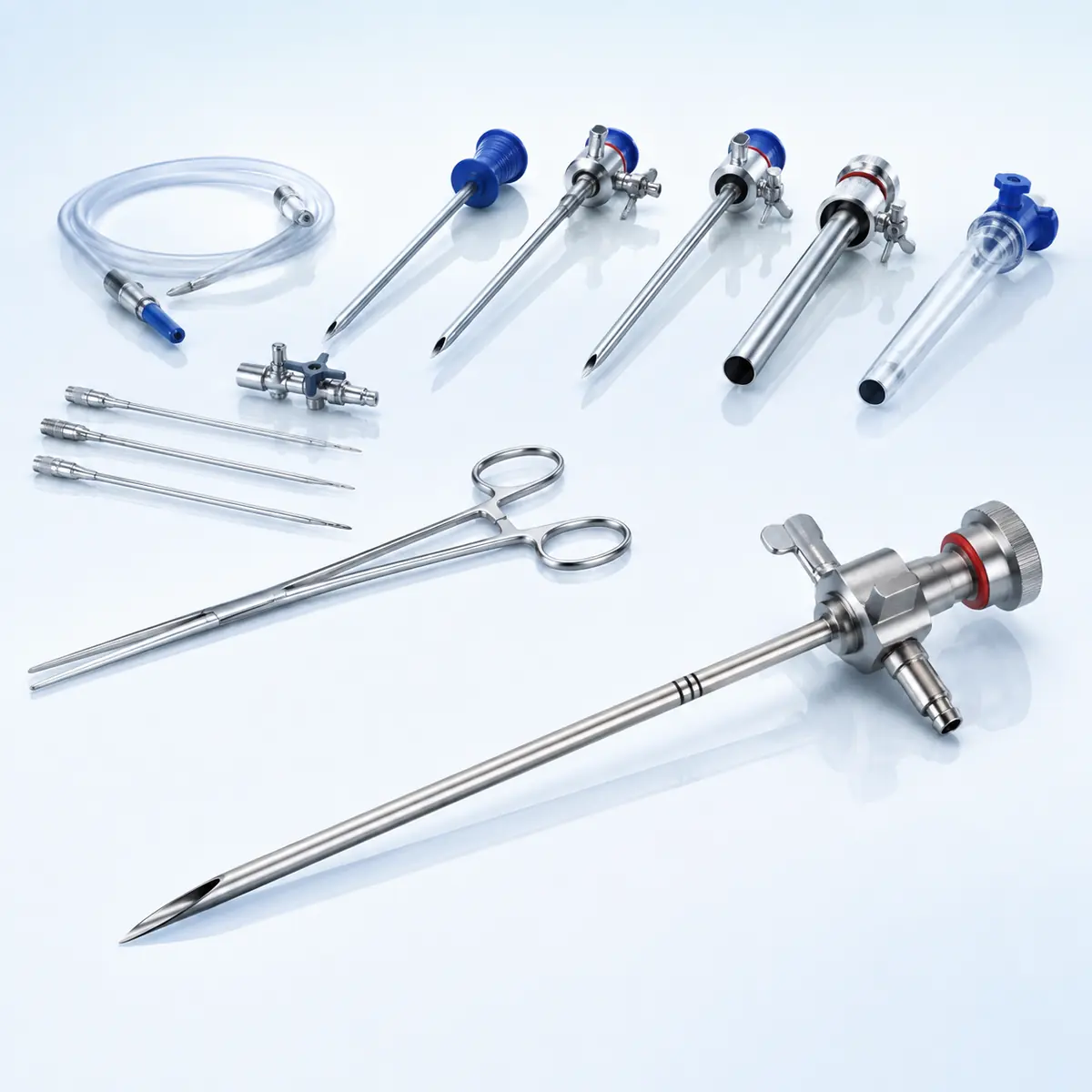 Veress Needle surgical instrument on a clean clinical blue background